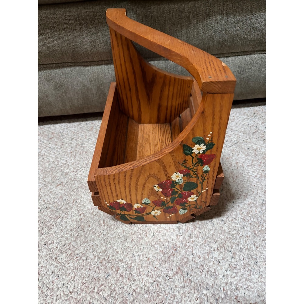 Vintage Hand Painted Wooden Strawberry Caddy Basket Rustic Oak Finish Storage